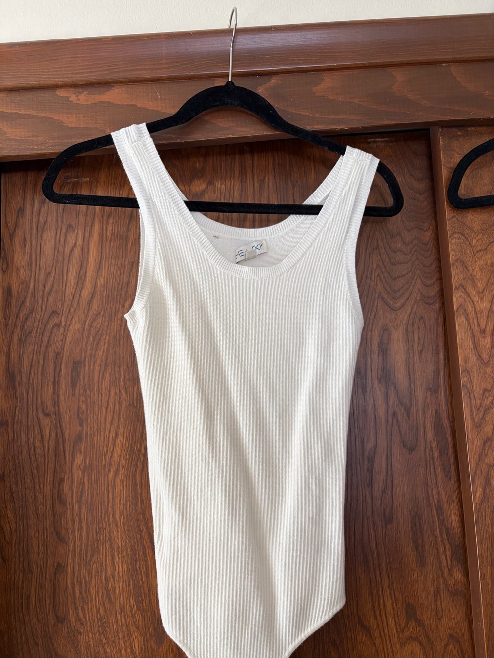 She and Sky White Ribbed Scoop Neck Bodysuit